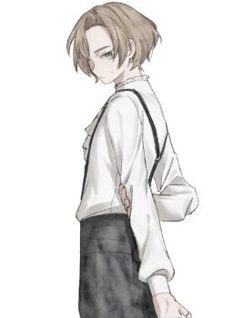 1boy arms_behind_back black_pants blonde_hair closed_mouth collar collared_shirt frilled_collar frills from_side hair_intakes hand_on_own_arm highres limbus_company long_sleeves looking_at_viewer male_focus muokakutoku official_alternate_costume pants project_moon shirt sinclair_(project_moon) solo sweatdrop tsurime upper_body white_background white_shirt white_sleeves yellow_eyes