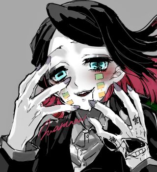 1boy aqua_eyes asymmetrical_bangs black_hair black_jacket blush buttons colored_tips commentary_request demon_boy drooling enmu_(kimetsu_no_yaiba) facial_mark finger_tattoo floating_hair grey_background grey_nails hands_up harunon_(kusattashiitake) highres jacket kanji_tattoo kimetsu_no_yaiba long_sleeves looking_at_viewer male_focus medium_hair misplaced_mouth multicolored_hair open_hands open_mouth pale_skin portrait saliva saliva_trail signature simple_background smile solo symbol-shaped_pupils tattoo tears_facial_mark teeth trap undershirt upper_teeth_only