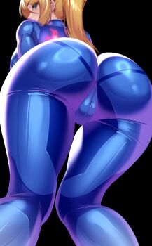 Rule 34 | 1girl, ass, ass focus, black background, blonde hair, blue bodysuit, bodysuit, breasts, cameltoe, from behind, from below, high ponytail, highres, large breasts, long hair, looking back, metroid, nintendo, ponytail, samus aran, simple background, skin tight, solo, thighs, volyz, zero suit