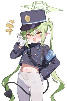 1girl :d absurdres armband black_hat black_jacket blue_archive blue_armband commentary_request demon_tail earrings gloves green_hair green_halo halo hat highres jacket jewelry long_hair long_sleeves looking_at_viewer navel nozomi_(blue_archive) open_mouth pantyhose pointy_ears saho_4545 simple_background smile solo standing tail twintails white_background white_gloves white_pantyhose