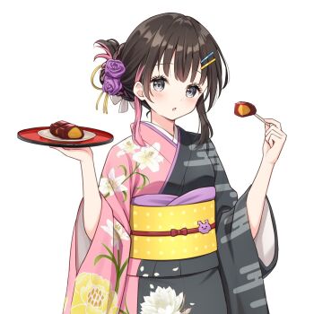 1girl bang_dream! bang_dream!_mugendai_mewtype black_hair black_kimono blush chestnut_mouth commentary_request cowboy_shot egasumi floral_print floral_print_kimono flower flower_stand_art food grey_eyes hair_flower hair_ornament hair_ribbon hanazora_satsuki holding holding_food holding_tray japanese_clothes kimono lily_print looking_at_viewer obi obiage obijime parted_lips pink_streaks print_kimono purple_flower purple_rose ribbon rose sash sengoku_yuno simple_background solo standing tray two-tone_kimono virtual_youtuber white_background white_ribbon yellow_sash