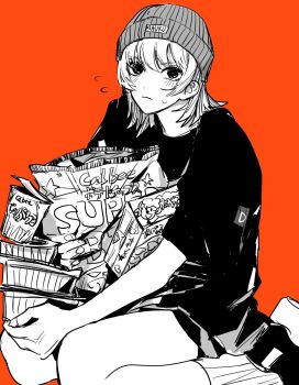 1girl bag beanie closed_mouth commentary_request flying_sweatdrops greyscale_with_colored_background hat holding holding_bag kneeling looking_at_viewer orange_background original shirt short_hair short_sleeves simple_background sketch small_sweatdrop solo swept_bangs teeniika
