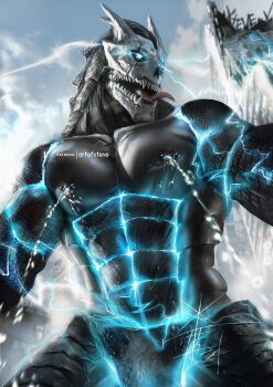 1boy bara black_hair black_skin colored_skin facial_hair from_below glowing_skin hibino_kafka hibino_kafka_(kaiju_form) highres kaijuu_no._8 large_pectorals long_tongue male_focus monster_boy muscular muscular_male outstretched_arms partial_transformation pectorals peeing realistic ruins short_hair solo spiked_hair tongue tongue_out upper_body xteve_abanto