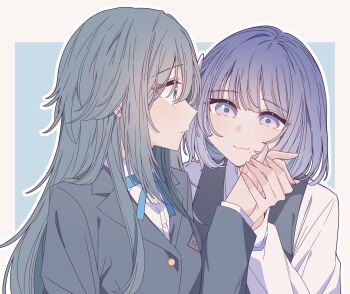 2girls black_jacket black_vest blazer blue_ribbon closed_mouth commentary gakuen_idolmaster green_eyes grey_hair hataya_misuzu highres holding_hands idolmaster jacket kousaka_0v0 long_hair mole mole_under_mouth multiple_girls neck_ribbon outline purple_eyes purple_hair ribbon school_uniform shirt smile tsukimura_temari upper_body vest white_outline white_shirt yuri