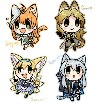 Rule 34 | 4girls, animal ear fluff, animal ears, arknights, blonde hair, cat ears, cat girl, cat tail, character name, chibi, chinese commentary, commentary request, fox ears, fox girl, fox tail, green eyes, multiple girls, multiple tails, papyrus (arknights), quercus (arknights), rosmontis (arknights), smile, sukey four, suzuran (arknights), tail