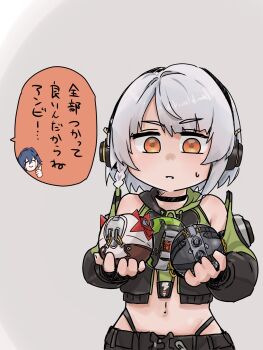 anby_demara bare_shoulders belle_(zenless_zone_zero) belly black_choker braid choker fingerless_gloves gloves grey_hair headphones highres hood hood_down narrow_waist navel panty_straps short_hair side_braid simple_background skirt speech_bubble strap tama_(tamathersky) yellow_eyes zenless_zone_zero