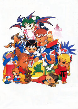 Rule 34 | 1990s (style), 4boys, 6+girls, absurdres, animal ears, animal hands, animal print, anita (darkstalkers), auburn hair, bat print, bat wings, beads, bengus, black eyes, black hair, blonde hair, blue hair, blue sailor collar, blue skin, boots, breasts, brown eyes, brown hair, bun cover, capcom, cat ears, chibi, china dress, chinese clothes, chun-li, cloud, colored skin, crossover, darkstalkers, demon girl, donovan baine, double bun, dress, egg, elbow gloves, everyone, felicia (darkstalkers), fingerless gloves, frog, gloves, green eyes, green hair, hair bun, hat, head wings, headband, heart, hibiki dan, highres, howling, hsien-ko, ikeno daigo, jewelry, jon talbain, kasugano sakura, ken masters, long hair, lord raptor, morrigan aensland, mountain, multiple boys, multiple girls, necklace, panda, panties, pantyhose, pelvic curtain, print legwear, red eyes, red hair, retro artstyle, ryu (street fighter), sailor collar, school uniform, serafuku, short hair, sitting, skirt, socks, street fighter, street fighter i, street fighter ii (series), street fighter zero (series), thighhighs, thighs, underwear, wings