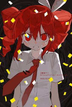 Rule 34 | baumkuchen endroll (vocaloid), blue pupils, bow, clenched teeth, collared shirt, confetti, crying, dated, drill hair, hair bow, highres, kasane teto, kasane teto (sv), mismatched pupils, mumukyabi, necktie, red eyes, red hair, shirt, short sleeves, song name, sweat, synthesizer v, tears, teeth, tie clip, twin drills, upper body, utau