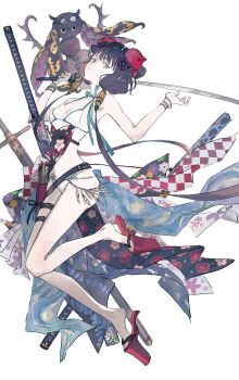 1girl absurdres bare_shoulders bikini black_hair bracelet breasts buckle checkered_clothes cleavage fate/grand_order fate_(series) floating floral_print full_body goggles goggles_on_head grey_eyes hair_ornament heel-less_heels high_heels highres holding holding_sword holding_weapon jewelry kanzashi katana katsushika_hokusai_(fate) katsushika_hokusai_(swimsuit_saber)_(fate) leg_belt mimulishizi multiple_swords octopus okobo open_hand platform_clogs platform_heels platform_sandals plum_blossom_print sandals sash scabbard sheath sheathed simple_background small_breasts snap-fit_buckle solo starry_night_(van_gogh) swimsuit sword thigh_strap thighs toto-sama_(fate) tsumami_kanzashi weapon white_background white_bikini