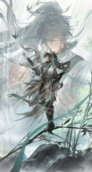 1boy absurdres arm_armor arm_up black_hair black_pants chinese_commentary chunbuchou cloak closed_eyes closed_mouth commentary_request green_ribbon hair_ribbon highres long_hair male_focus multiple_views pants ponytail qiuyuan_(wuthering_waves) ribbon standing very_long_hair white_cloak wuthering_waves