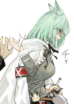 1girl angry animal_ears arknights armband black_ribbon black_skirt breasts cardigan cat_ears cat_girl character_pin clenched_teeth coat coat_on_shoulders commentary cowboy_shot from_side glaring green_eyes green_hair green_nails grey_cardigan harmonie_(arknights) hitting holding holding_weapon looking_back medium_breasts medium_hair nail_polish neck_ribbon poco_(backboa) profile reed_(arknights) ribbon scowl shaded_face shirt simple_background skirt solo_focus sweatdrop teeth translated weapon white_background white_coat white_shirt
