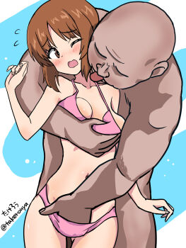 1boy 1girl bikini blush breasts brown_eyes brown_hair dark-skinned_male dark_skin fingering girls_und_panzer groping hetero large_breasts licking licking_another&#039;s_neck navel nishizumi_miho one_eye_closed open_mouth swimsuit takerou tongue tongue_out