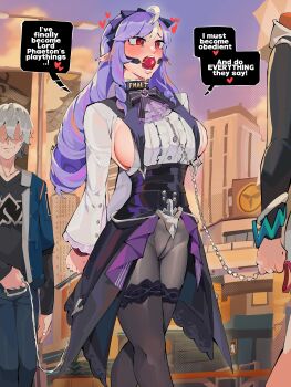 1boy 2girls absurdres ahoge ascot ball_gag bdsm belle_(zenless_zone_zero) bisexual_female blue_hair blush bondage bound bow bowtie breasts center_frills chain chain_leash diforland drill_hair faceless faceless_male frills gag gagged grey_hair highres holding holding_leash jacket large_breasts leash long_hair long_sleeves mole mole_under_eye multicolored_hair multiple_girls no_panties open_mouth pantyhose patterned_legwear pointy_ears purple_ascot purple_bow purple_bowtie purple_hair red_eyes shirt short_hair shrug_(clothing) sideboob sideboob_cutout streaked_hair vivian_banshee white_shrug wise_(zenless_zone_zero) zenless_zone_zero