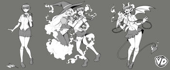 2girls absurdres blush bodysuit bow breasts chain cleavage_cutout clothing_cutout collared_shirt commentary commission corruption cuffs demon_girl demon_wings english_commentary fang greyscale hair_between_eyes highres holding holding_smoking_pipe horns large_breasts long_hair looking_up medium_breasts midriff monochrome multiple_girls navel navel_cutout open_hand open_mouth original parted_lips pointy_ears saliva scared school_uniform sequential shackles shirt shoes skin_fang skirt small_breasts smile smoke smoking smoking_pipe socks transformation vedtom wings witch