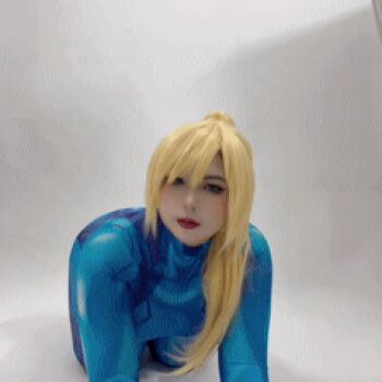 Rule 34 | 1girl, all fours, animated, animated gif, asian, blonde hair, blue bodysuit, blue eyes, bodysuit, bra, breasts, cleavage, cosplay, hair between eyes, half-closed eyes, large breasts, lips, long hair, looking at viewer, lowres, metroid, nintendo, parted lips, photo (medium), plump, ponytail, real life, samus aran, samus aran (cosplay), sideboob, sneaking, solo, tagme, tongue, tongue out, torn clothes, underwear, uyuy2907, very long hair, white background, wide hips, zero suit