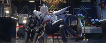 1girl absurdres adjusting_clothes adjusting_necktie ahoge black_choker black_gloves black_horns black_pants black_shoes breasts button_gap chest_harness choker closed_mouth collared_shirt commentary_request crossed_legs curled_horns gloves grey_hair hair_between_eyes harness high-waist_pants high_heels highres horns indoors large_breasts long_hair looking_at_viewer multicolored_hair necktie pants partial_commentary rain_sama red_eyes red_necktie shield shirt shirt_tucked_in shoes solo streaked_hair tight_clothes tight_pants white_shirt wuthering_waves zani_(wuthering_waves)