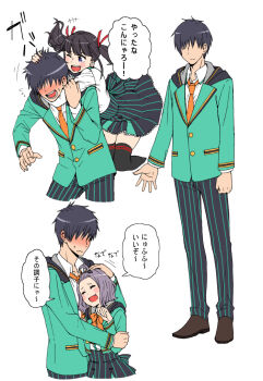 Rule 34 | 1boy, 2girls, ;d, black hair, black legwear, blue eyes, blush, closed eyes, flower, fumitan (humitan), headpat, hug, multiple girls, necktie, one eye closed, open mouth, original, pinstripe pattern, purple hair, simple background, skirt, smile, striped, teeth, thighhighs, twintails, white background