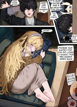 1boy 1girl 2na_(blue2na) abby_(wuthering_waves) absurdres alternate_costume barefoot black_hair black_jacket blonde_hair closed_eyes commentary couch dress english_commentary english_text feet food grey_dress grey_shirt hair_ornament hairband highres indoors jacket long_hair male_rover_(wuthering_waves) on_couch open_mouth peeking_out phoebe_(wuthering_waves) revision rover_(wuthering_waves) shirt sleeping soles user_interface very_long_hair white_hairband wuthering_waves x_hair_ornament yellow_eyes