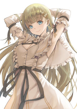 1girl armpits arms_behind_head arms_up backlighting black_sash blonde_hair blue_eyes blunt_bangs breasts capelet cleavage closed_mouth commentary_request contrapposto cowboy_shot detached_collar detached_sleeves dress frilled_capelet frilled_sleeves frills gold_buttons hair_ornament hairpin hanabusa_lisa hanabusa_lisa_(1st_costume) highres kintarou_(kintarou's_room) long_hair looking_at_viewer making-of_available medium_breasts overexposure pearl_hair_ornament presenting_armpit puritan_collar sash simple_background sleeve_garter sleeveless sleeveless_dress smile solo straight_hair very_long_hair virtual_youtuber vspo! white_background white_capelet white_dress