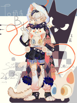 1girl absurdres animal animal_ear_fluff animal_ears animal_hands bandaid bandaid_on_face blonde_hair blue_eyes blunt_bangs capelet cat cat_ears cat_girl closed_mouth commission dated full_body fur-trimmed_hood fur_trim hair_intakes heterochromia highres hood hood_up leg_warmers long_sleeves looking_at_viewer makeup molin original rouge_(makeup) scarf shirt short_hair shorts sidelocks sleep_mask sleeves_past_wrists solo standing tail watermark yellow_eyes