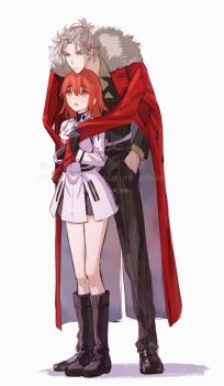 Rule 34 | 1boy, 1girl, ahoge, black gloves, chaldea logo, coat, coat on shoulders, dress, fate/grand order, fate (series), fomnant, formal clothes, fujimaru ritsuka (female), fujimaru ritsuka (female) (decisive battle chaldea uniform), full body, fur-trimmed coat, fur trim, gloves, grey hair, half updo, hands in pockets, highres, jacket, long sleeves, medium hair, orange eyes, orange hair, oxfords, pants, pinstripe jacket, pinstripe pants, pinstripe pattern, pinstripe suit, pocket square, red coat, shoes, short hair, suit, takeda shingen (fate), takeda shingen (first ascension) (fate), two-sided coat, two-sided fabric, white dress