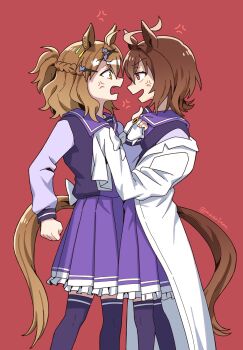 Rule 34 | 2girls, agnes tachyon (umamusume), ahoge, anger vein, angry, animal ears, bow, bowtie, braid, brown hair, clenched hand, clothes grab, collar grab, commentary request, cowboy shot, ear ornament, face-to-face, fang, frilled skirt, frills, hair ornament, hairclip, half up half down braid, highres, horse ears, horse girl, horse tail, huge ahoge, jungle pocket (umamusume), korean commentary, lab coat, long sleeves, mazu1kan, medium hair, multiple girls, neckwear grab, open mouth, pleated skirt, purple sailor collar, purple shirt, purple skirt, purple thighhighs, red background, red eyes, sailor collar, sailor shirt, shirt, skirt, tail, thighhighs, twitter username, two side up, umamusume, white bow, white bowtie, winter uniform, yellow eyes