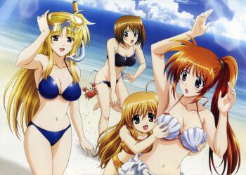 00s 4girls :d :o x_mouth age_difference ahoge arm_up armpits arms_up barefoot beach bikini bikini_pull blonde_hair blue_bikini blue_eyes blush breasts brown_hair child cleavage clothes_around_waist clothes_pull cloud crab crustacean day diving_mask dutch_angle fate_testarossa flat_chest goggles grabbing_another's_breast grabbing_from_behind green_eyes groin groping hair_ornament hairclip heterochromia highres large_breasts leaning_forward leg_lift lens_flare long_hair lyrical_nanoha mahou_shoujo_lyrical_nanoha mahou_shoujo_lyrical_nanoha_strikers multiple_girls ocean official_art okuda_yasuhiro open_mouth orange_hair outdoors parted_bangs polka_dot polka_dot_bikini polka_dot_swimsuit ponytail pulling_another's_clothes purple_eyes red_bikini red_eyes red_hair scan scrunchie shell shell_bikini shells shirt shirt_around_waist short_hair side-tie_bikini_bottom side_ponytail sidelocks sky smile snorkel sports_bikini standing standing_on_one_leg surprised surprised_arms sweater sweater_around_waist swimsuit takamachi_nanoha tankini untied_bikini very_long_hair vivio wardrobe_malfunction x_hair_ornament yagami_hayate yellow_bikini