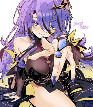 Rule 34 | 1girl, black dress, black hair, blonde hair, breasts, cleavage, dress, hair ornament, halter dress, halterneck, hashtag-only commentary, highres, hololive, hololive indonesia, large breasts, long hair, looking at viewer, moona hoshinova, moona hoshinova (goddess), multicolored hair, official alternate costume, official alternate hairstyle, purple eyes, purple hair, see-through cleavage, see-through clothes, smile, solo, starry hair, streaked hair, taka t, virtual youtuber