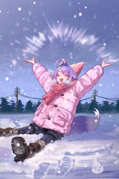 Rule 34 | 1girl, :d, ^ ^, ahoge, arms up, black leggings, black shorts, blurry, blurry background, blush, boots, breath, brown boots, bun cover, choigoli, closed eyes, coat, commentary request, depth of field, double bun, fang, foot out of frame, fox girl, fox tail, grey sky, hair bun, hair ears, happy, highres, inari (tenko shibuki), korean commentary, leggings, night, on ground, open mouth, outdoors, outstretched arms, pink coat, pink scarf, power lines, scarf, shorts, sitting, sky, smile, snow, snowing, solo, spread arms, stellive, tail, tenko shibuki, utility pole, virtual youtuber, winter, winter clothes, winter coat