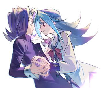 1boy 1girl blue_hair brother_and_sister cowboy_shot highres jewelry kamishiro_rio kamishiro_ryouga long_hair mansu medium_hair pendant profile purple_eyes purple_hair purple_shirt shirt siblings simple_background white_background white_shirt yu-gi-oh! yu-gi-oh!_zexal
