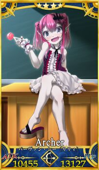 1girl baobhan_sith_(fate) candy card_(medium) center_frills chalkboard character_name commentary_request crossed_legs desk detached_collar fang fate/grand_order fate_(series) food frills grey_eyes hair_ornament holding holding_candy holding_food holding_lollipop loli lollipop long_hair looking_at_viewer mesugaki on_desk pale_skin pink_hair platform_sandals pointy_ears red_hair red_nails saint_graph sandals sitting skirt solo utage_nicholas