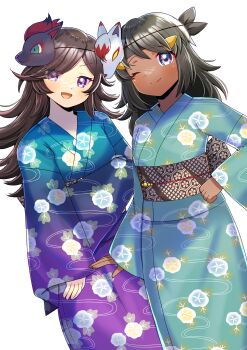 2girls :d ;) absurdres black_hair blue_kimono brown_hair closed_mouth commentary commission commissioner_upload dark-skinned_female dark_skin english_commentary floral_print floral_print_kimono fran_(arachnos) gen_5_pokemon green_kimono grey_eyes highres hisuian_zoroark japanese_clothes kimono kou_hiyoyo long_hair long_sleeves looking_at_viewer mask mask_on_head multiple_girls nintendo obi one_eye_closed open_mouth original pokemon pokemon_infinite_fusion pokemon_legends:_arceus pokemon_sv print_kimono purple_eyes rhea_(stryker324) sash simple_background skeb_commission smile white_background yukata zoroark