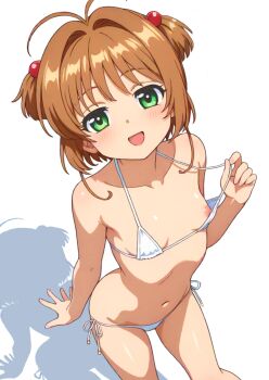 1girl bikini blush breasts brown_hair cardcaptor_sakura ehime_mikan feet_out_of_frame green_eyes hair_ornament highres kinomoto_sakura loli looking_at_viewer navel open_mouth short_hair simple_background small_breasts solo standing swimsuit twintails white_background white_bikini