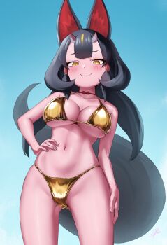 Rule 34 | 1girl, animal ear fluff, animal ears, arm at side, bikini, black hair, blonde hair, blush, breasts, cameltoe, center-flap bangs, closed mouth, colored skin, cowboy shot, double-parted bangs, extra ears, gluteal fold, gold bikini, grey horns, groin, hair between horns, hair tubes, hand on own hip, hand on own leg, highres, horns, kemono friends, kemono friends 3, kinkaku (kemono friends), large breasts, legs apart, long hair, looking at viewer, mogurii, multicolored hair, multicolored horns, navel, neck ribbon, oni, pink skin, raised inner eyebrows, red horns, red oni, red ribbon, ribbon, shiny swimsuit, slit pupils, small horns, smile, solo, stomach, swimsuit, tail, two-tone hair, two-tone horns, underboob, very long hair, very long tail, yellow eyes