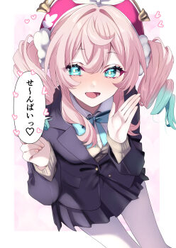 1girl absurdres aqua_eyes aqua_hair black_jacket black_skirt blazer bright_pupils collared_shirt gradient_hair hat highres honkai:_star_rail honkai_(series) hyacine_(honkai:_star_rail) jacket long_sleeves multicolored_hair open_mouth pantyhose pink_hair pink_hat school_uniform shirt skirt smile solo speech_bubble tonomiya68 translation_request white_pantyhose white_pupils white_shirt