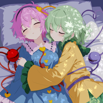 Rule 34 | 2girls, black hairband, blush, chiseinalice, closed eyes, commentary request, commission, floral print, green hair, green skirt, hair intakes, hairband, heart, heart of string, highres, hug, komeiji koishi, komeiji satori, long sleeves, messy hair, multiple girls, on bed, pillow, rose print, short hair, siblings, sisters, skeb commission, skirt, sleeping, third eye, touhou