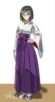Rule 34 | 1girl, alternate costume, black hair, blue eyes, commentary request, full body, glasses, hairband, hand on own hip, highres, japanese clothes, kantai collection, kirishima (kancolle), looking at viewer, purple skirt, sandals, seitei (04seitei), shirt, short hair, signature, simple background, skirt, smile, solo, white background, white shirt