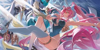 Rule 34 | absurdly long hair, absurdres, aemeath (wuthering waves), ahoge, animal ears, black shoes, blue leotard, breasts, clothing cutout, commentary, detached collar, exostrider (wuthering waves), fake animal ears, full body, hair between eyes, hashtag-only commentary, heart cutout, high heels, highleg, highleg leotard, highres, leotard, liudaohai6001, long hair, medium breasts, pink hair, playboy bunny, rabbit ears, robot, shoes, skindentation, strapless, strapless leotard, symbol-only commentary, thigh strap, thighhighs, thighs, very long hair, white thighhighs, wrist cuffs, wuthering waves