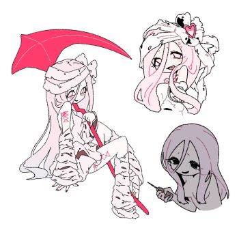 bandages bare_shoulders breasts corset_piercing dress eyebrow_piercing eyelashes face_piercing hair_ornament hair_over_breasts heart highres holding holding_scythe holding_weapon knee_up long_hair looking_at_viewer mahou_shoujo_ni_akogarete miniskirt neck_piercing needle nude pale_skin piercing pink_eyes pink_hair ribbon scythe shanyang_zuo skirt small_breasts smile tada_randa toes tongue tongue_piercing weapon