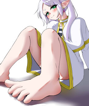 1girl absurdres earrings elf feet frieren green_eyes grey_hair highres jewelry looking_at_viewer non-web_source pointy_ears skirt smile sousou_no_frieren thick_eyebrows