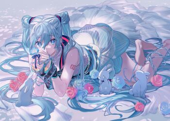 1girl animal_ears aqua_eyes aqua_hair arm_tattoo black_ribbon dress flower flower_dress hair_between_eyes hair_ornament hair_ribbon hatsune_miku highres hitokoto long_hair looking_at_viewer miku_day number_tattoo pink_flower pink_rose rabbit ribbon rose sleeveless sleeveless_dress tattoo thorns twintails very_long_hair vocaloid white_rabbit_(animal)