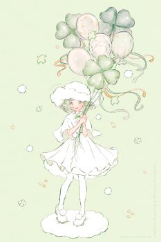 1girl :d artist_name balloon blush bow bowtie capelet cloud_hat clover commentary_request dress four-leaf_clover full_body green_background green_bow green_bowtie green_eyes green_hair hat holding holding_balloon looking_at_viewer on_cloud open_mouth original pantyhose pom_pom_footwear ryokuno_green shoes short_hair smile solo sparkle standing star_(symbol) too_many_balloons watermark white_capelet white_dress white_hat white_pantyhose white_shoes