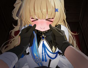 >_< 1girl :i alternate_breast_size_(larger) black_gloves blonde_hair blue_sash blush breasts breath cheek_pinching cheek_pull commentary from_above gloves hair_ornament highres indoors large_breasts long_hair looking_at_viewer mako_(makoda) male_rover_(wuthering_waves) no_headwear open_mouth paid_reward_available phoebe_(wuthering_waves) pinching pov pov_hands rover_(wuthering_waves) sash shirt skirt solo_focus tearing_up white_shirt white_skirt wuthering_waves x_hair_ornament