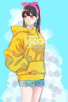 1girl alternate_costume black_hair blowing_bubble_gum blowing_bubbles blue_shorts blue_sky chewing_gum cloud cloudy_sky commentary_request cowboy_shot denim denim_shorts earrings hairband hands_in_pockets highres hood hoodie jewelry light_blush long_hair long_sleeves looking_to_the_side outdoors pink_hairband red_eyes short_shorts shorts sky solo spy_x_family torn_clothes torn_shorts umini_ikukara yellow_hoodie yor_briar