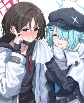 2girls absurdres aqua_hair aqua_halo bandaged_hand bandaged_neck bandages belt black_belt black_hair black_hat black_hoodie black_jacket black_sweater blue_archive blush breasts brown_eyes newsboy_cap cape closed_eyes commentary crying crying_with_eyes_open drawstring ear_piercing grey_shirt hair_ornament hair_over_one_eye hairclip halo handkerchief hat highres hiyori_(blue_archive) holding holding_handkerchief hood hooded_jacket hoodie jacket large_breasts looking_at_another misaki_(blue_archive) multiple_girls nose_blush piercing red_halo scarf shirt short_hair simoumi_217 simple_background skirt smile snot snot_trail sweater tears twitter_username white_background white_cape white_jacket white_scarf white_skirt wiping_tears
