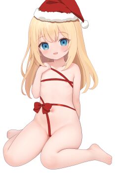 1girl absurdres blonde_hair blue_eyes blush bow christmas feet female_focus flat_chest hat highres loli long_hair looking_at_viewer naked_ribbon navel nude open_mouth original partially_visible_vulva pom_pom_(clothes) red_bow red_ribbon ribbon santa_hat sitting smile solo toes totorin7124 wariza white_background