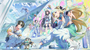 1boy 4girls abby_(wuthering_waves) absurdres black_hair black_nails blonde_hair blue_sky breasts chisa_(wuthering_waves) cleavage closed_mouth collarbone colored_tips commentary_request crop_top day dl_(dl_6ix) dual_persona earrings female_rover_(wuthering_waves) fingernails gloves goggles goggles_on_head graffiti highres holding hood hoodie jewelry long_fingernails looking_at_viewer lynae_(wuthering_waves) male_rover_(wuthering_waves) medium_breasts midair mornye_(wuthering_waves) multicolored_hair multiple_girls nail_polish namipon_(wuthering_waves) necklace open_mouth pants purple_eyes rover_(wuthering_waves) shirt shoes sky smile spray_can squatting streaked_hair white_gloves white_hoodie white_pants white_shirt white_shoes wuthering_waves yellow_eyes