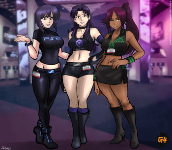 3girls black_choker black_pants black_shoes black_shorts black_skirt bleach booth_babe breasts choker clothes_writing color_connection convention crop_top crossover curvy dark-skinned_female dark_skin female_focus full_body game_console gamecube ghost_in_the_shell hair_color_connection highres id_card indoors katsuragi_misato kusanagi_motoko lanyard long_hair midriff multiple_girls navel neon_genesis_evangelion pants playstation_2 ponytail purple_hair shihouin_yoruichi shiny_skin shoes short_hair shorts skirt standing trait_connection videajames wide_hips wristband xbox_(original) xbox_logo yellow_eyes
