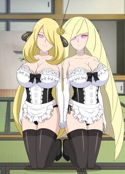 @_@ absurdres blonde_hair breasts choker cleavage cynthia_(pokemon) female_focus happy_trance highres holding_hands jimryu kneeling large_breasts long_hair lusamine_(pokemon) maid mature_female multiple_girls nintendo opera_gloves pendulum pokemon pokemon_dppt pokemon_sm smile symbol_in_eyes thighhighs very_long_hair