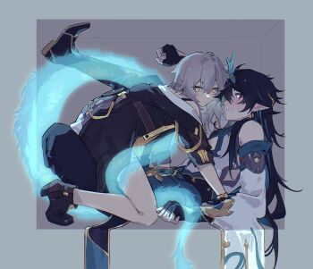 1boy 1girl bare_shoulders black_footwear black_gloves black_hair black_jacket blush chinese_clothes clenched_hands closed_mouth commentary dan_heng_(honkai:_star_rail) dan_heng_(imbibitor_lunae)_(honkai:_star_rail) detached_sleeves dragon_boy dragon_horns ducking earrings eyeliner fingerless_gloves girl_on_top gloves green_eyes green_horns grey_hair hair_between_eyes hetero honkai:_star_rail honkai_(series) horns jacket jewelry leg_up long_hair long_sleeves looking_at_another makeup mao_(expuella) pants pointy_ears red_eyeliner short_hair simple_background single_bare_shoulder stelle_(honkai:_star_rail) stuck_in_a_box sweatdrop symbol-only_commentary trailblazer_(honkai:_star_rail)